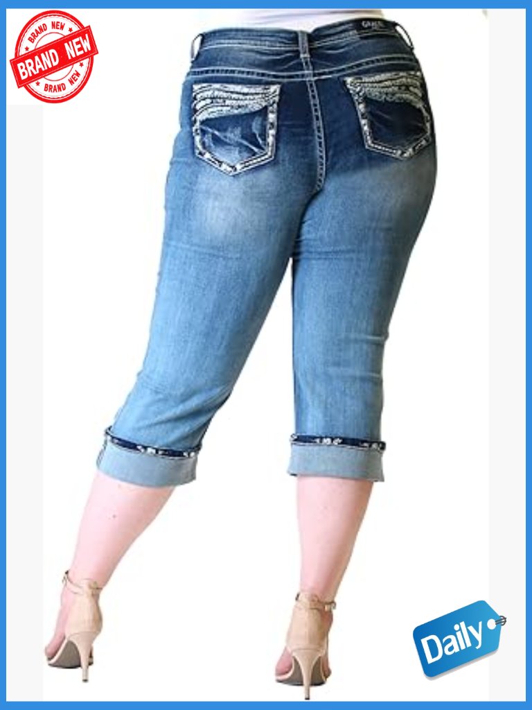 Mid Rise Capri Cuffed Rhinestone Embellished Plus Size Cropped Stretch Jeans